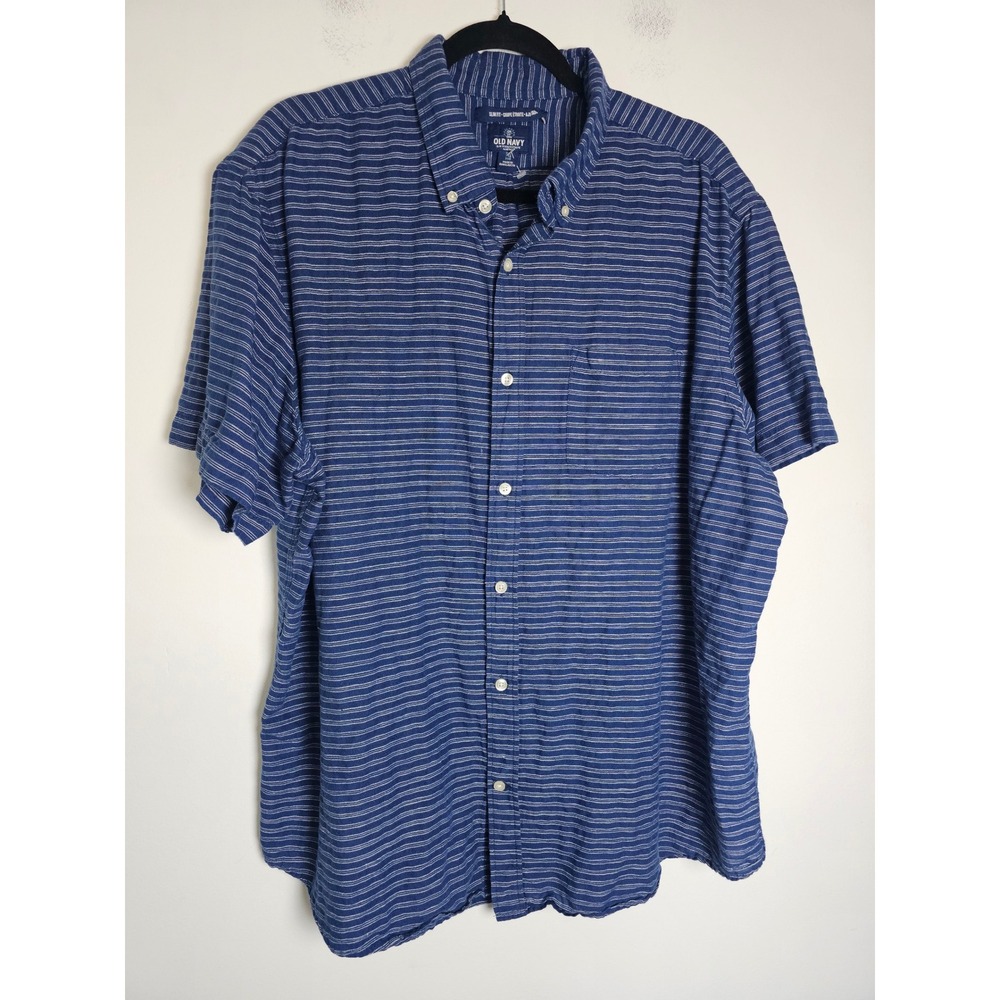 Coastal Old Navy Linen Blend Button Down Mens XXL Blue White Striped Slim Fit
